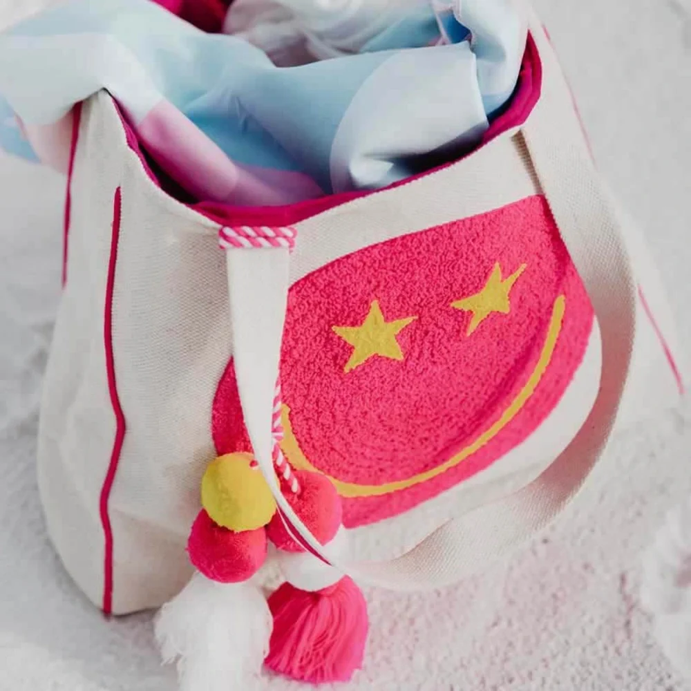 NWT Katydid Hot Pink Star Eye Smiley Face Canvas Tote Beach Travel Bag
